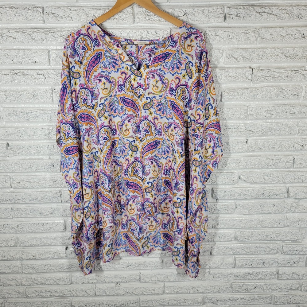 Westbound Women 2X Plus Kimono Top Paisley Multicolor V-Neck Asymmetric High Low